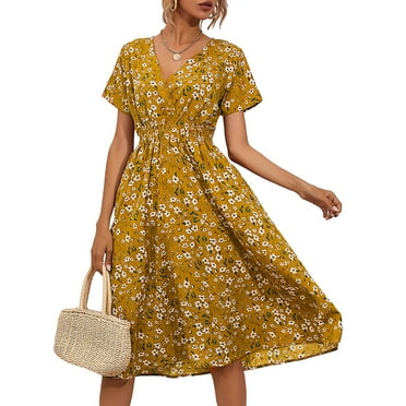 Enjiwell Women's Floral Print Bohemian V Neck Short Sleeve Chiffon Midi Dress