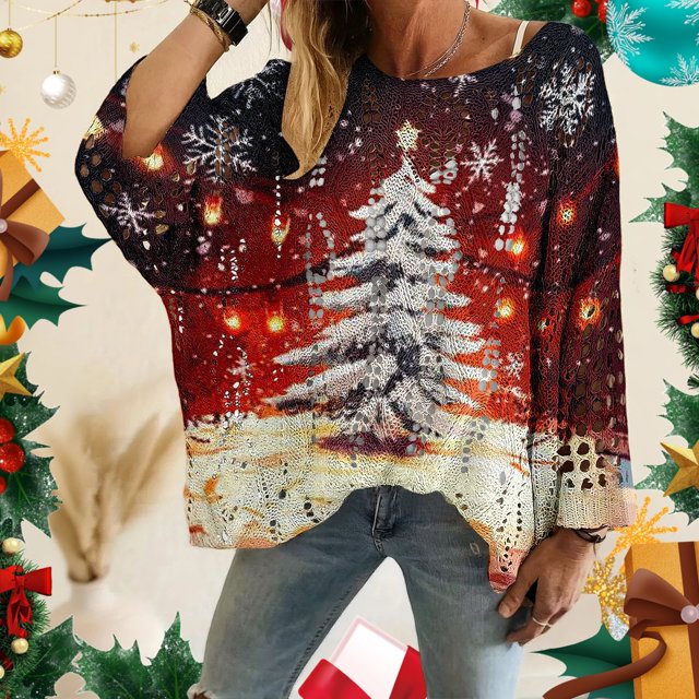 Chandails d'Hiver Grande Taille pour Femmes Chandails de Noël pour Femmes 2025 Col Rond Hiver Vacances Mignons Pulls Rouge Brique TG