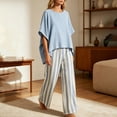 thumbnail image 6 of Costeam Womens Vertical Stripe Wide Leg Pant Two Piece Outfit Oversized Asymmetric Hem Short Sleeve Crew Neck Top with Side Pocket Loose Fit Casual Co Ord Set, 6 of 6