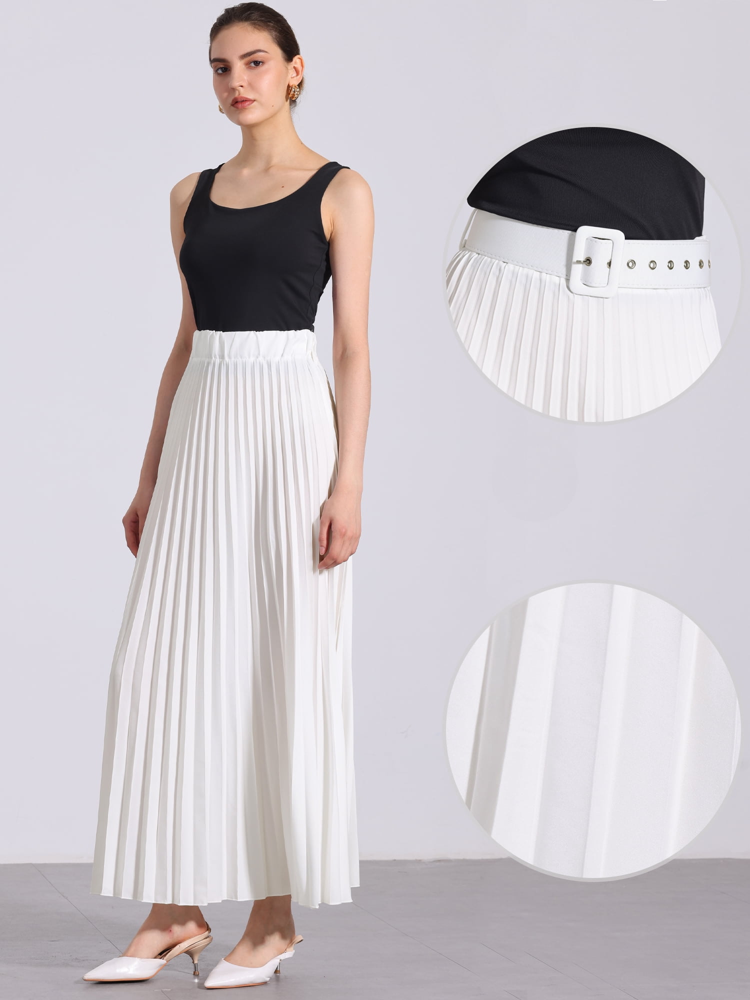 DARING DIVA Women's Elegnat Elastic High Waist Flowy A-Line Maxi Skirt 2XL White