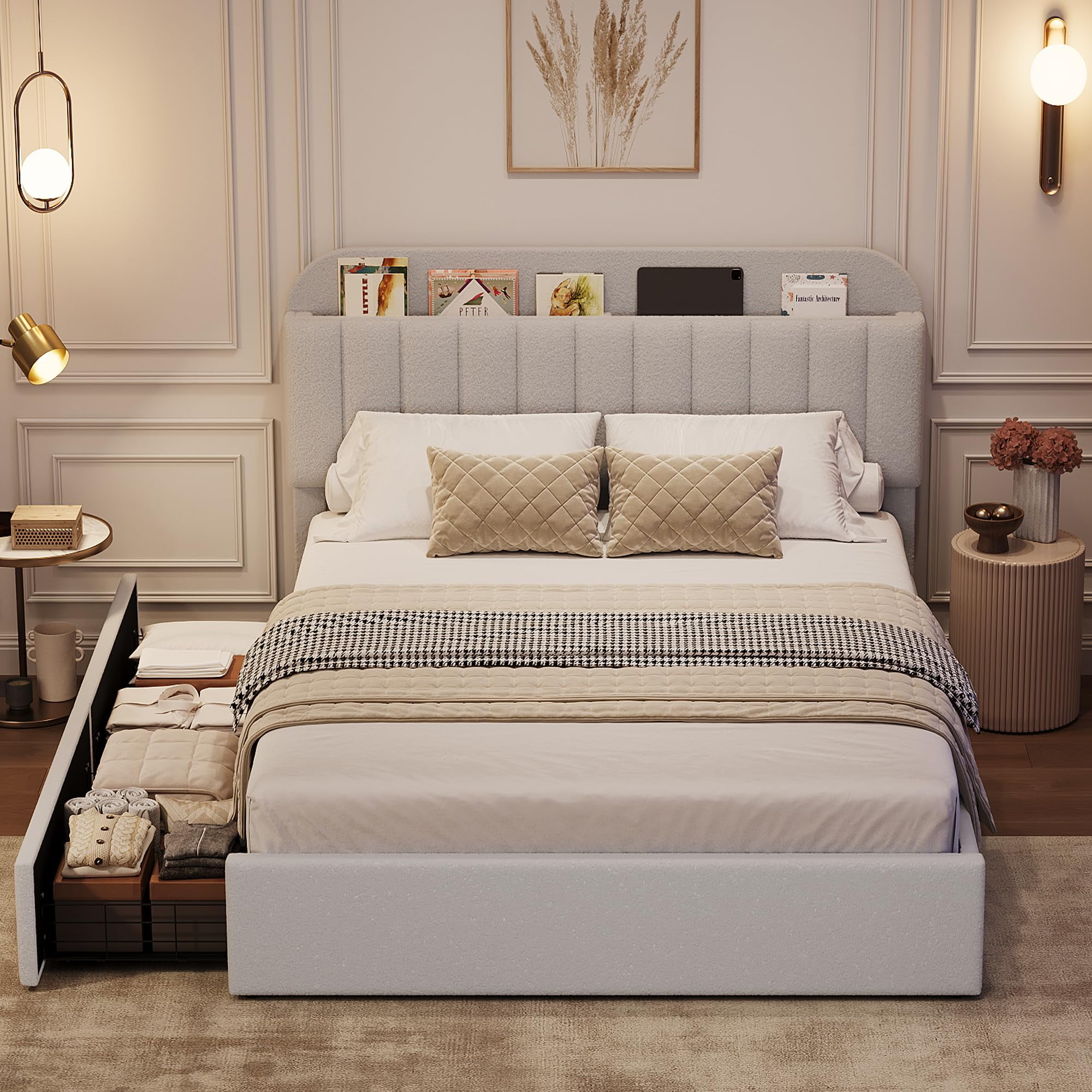 Queen Bed Frame, Boucle Upholstered Platform Bed Frame with Storage Headboard & 2 Flexible Drawers, Easy Assembly, No Box Spring Needed for Teens, Adults