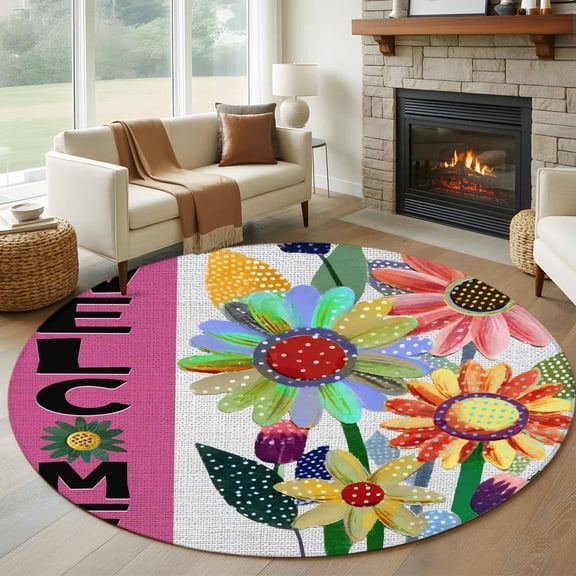 Round Rug 7Ft Washable Non-Slip, Spring Daisy Circle Area Rugs for Living Room Bedroom, Pink Modern Abstract Art Dots Floral Indoor Floor Mats Carpet Runner for Home Decor Aesthetic