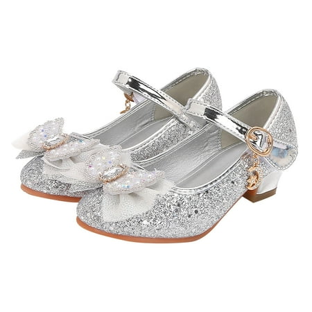 

Splozh Girls Sandals Sequins Princess Dress Shoes Closed Toe Low Heels for Toddler Little Big Kid Flower Wedding Party Pump Shoes Silver 4