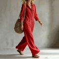 thumbnail image 6 of WULMLEO Wide Leg Rompers Women Cotton Linen Workout V Neck Button Front Long Sleeve One Piece Overall Casual Fashion Lounge Going Out Overalls with Multi Pockets Red S, 6 of 6