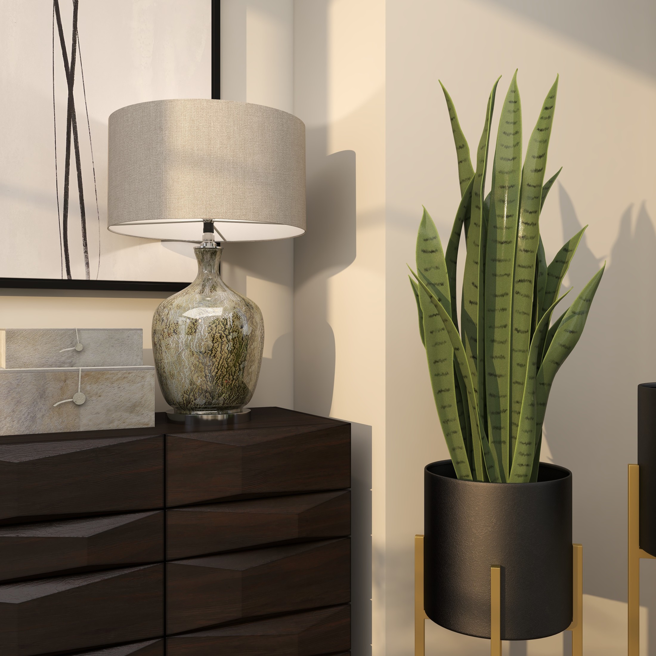 DecMode 36" Artificial Snake Plant in Black Porcelain Pot and Stone Details