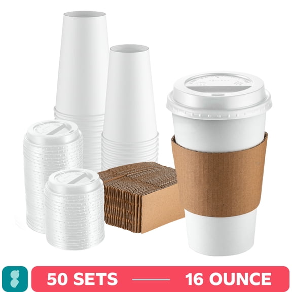 GUSTO 16 Oz Disposable Coffee Cups with Lids & Coffee Sleeves Paper Cups, 50-Pack