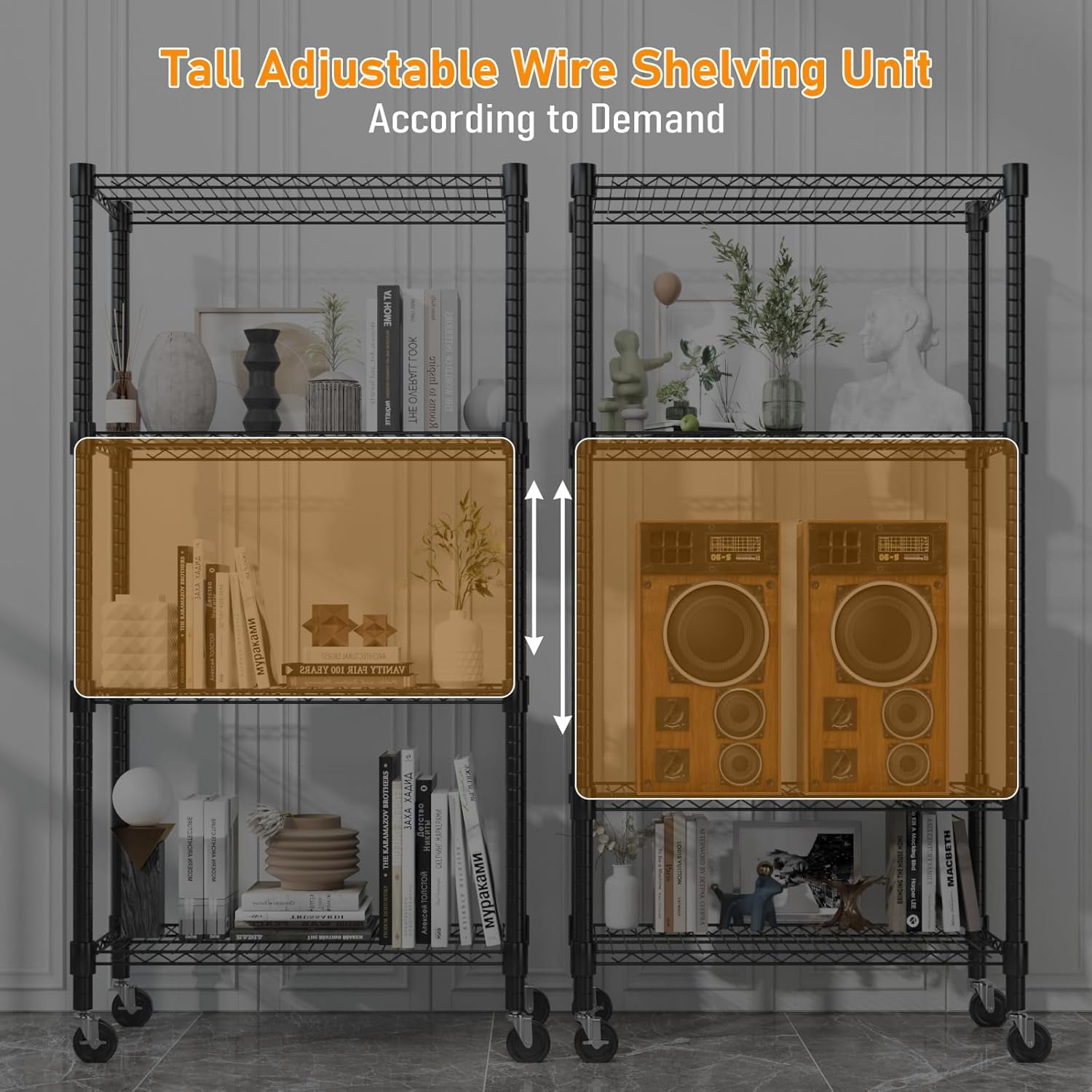 Sailvan 4-Tier Heavy Duty Metal Storage Shelves with Wheels, 30"W x 14"D x 72"H, 1200LBS Capacity Adjustable Wire Shelving Unit, Black
