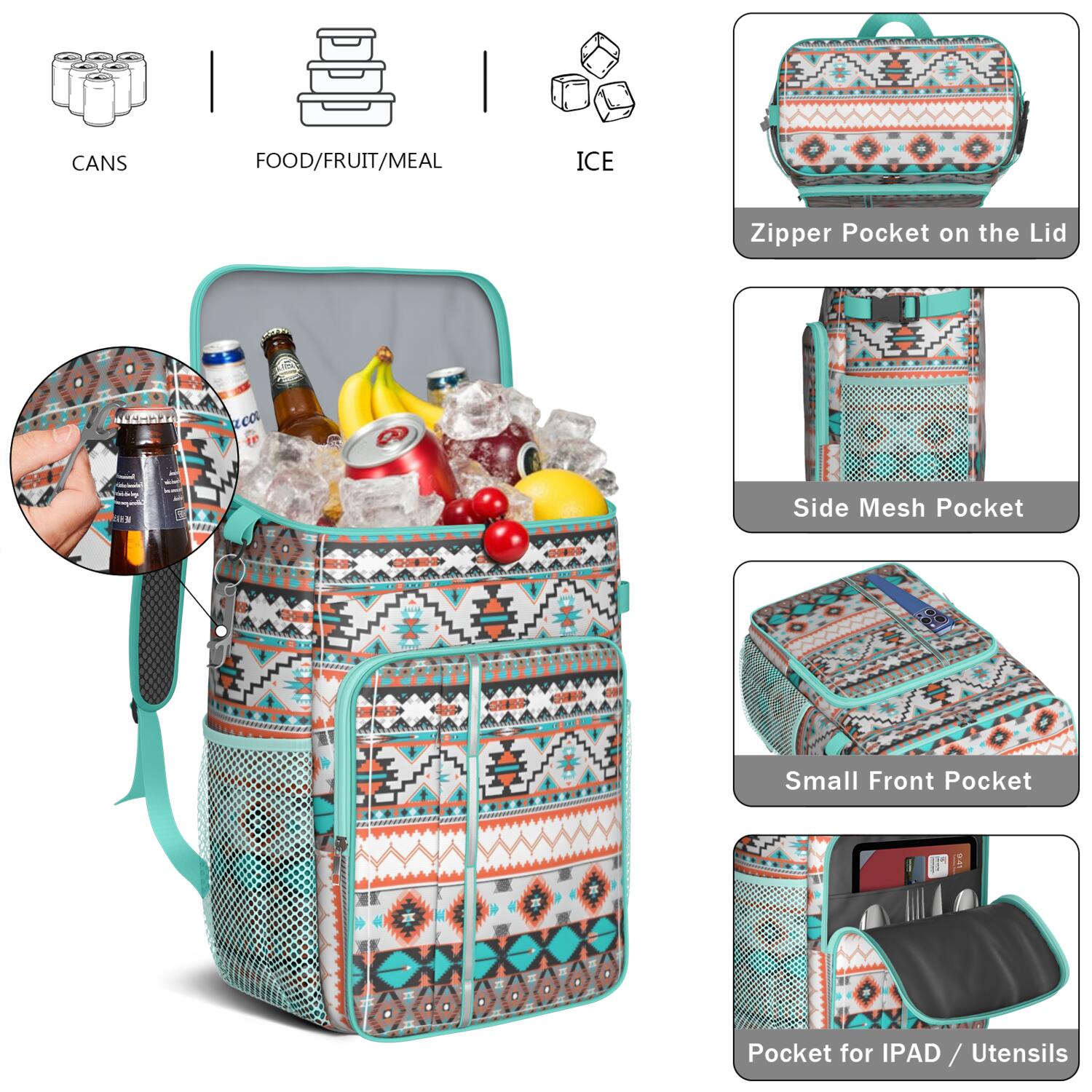 Travel Cooler Bag - Boho Bohemia Pioneer Flower Geometric Line Art Camping Beer Cooler Backpack with Bottle Opener- Waterproof Insulated Picnic Backpacks - Cooler Bag for Beach
