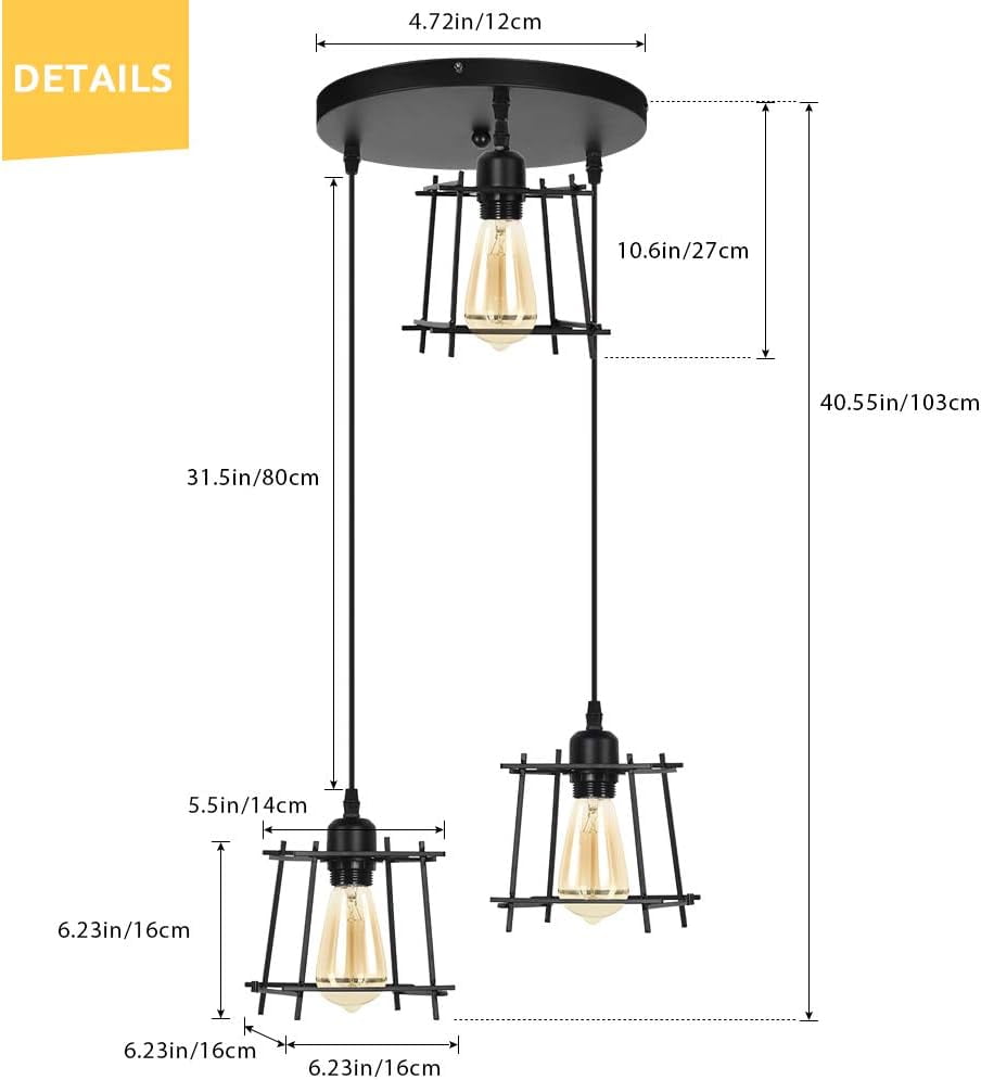 Oumilen Vintage 3 Lights Ceiling Pendant Lights Black