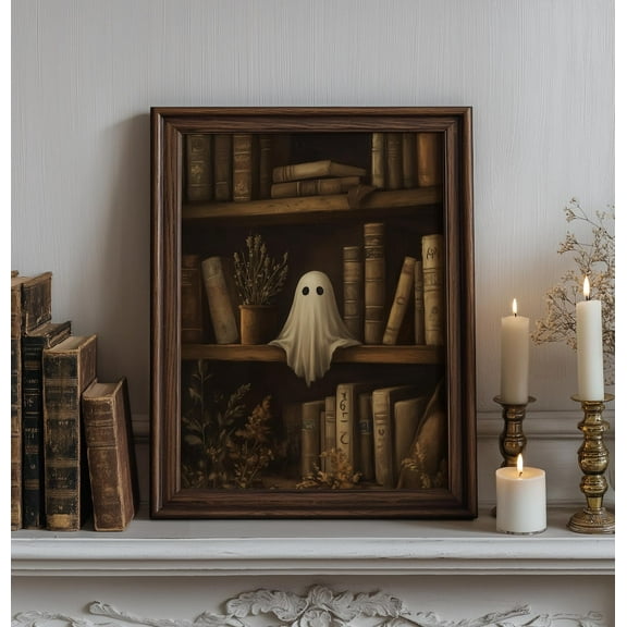 Cute Ghost Hiding In A Rustic Library Canvas Print Poster Autumn Canvas Art Prints Painting Picture Artwork Home Bedroom Halloween Wall Decor No Frame