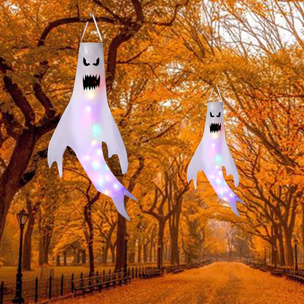 GOTPE 2 Pieces 47 Halloween Ghost Windsocks Hanging Decorations with LED Light Halloween Ghost Decors Halloween Outdoor and Party Decorations Spooky Hanging Flag for Halloween 