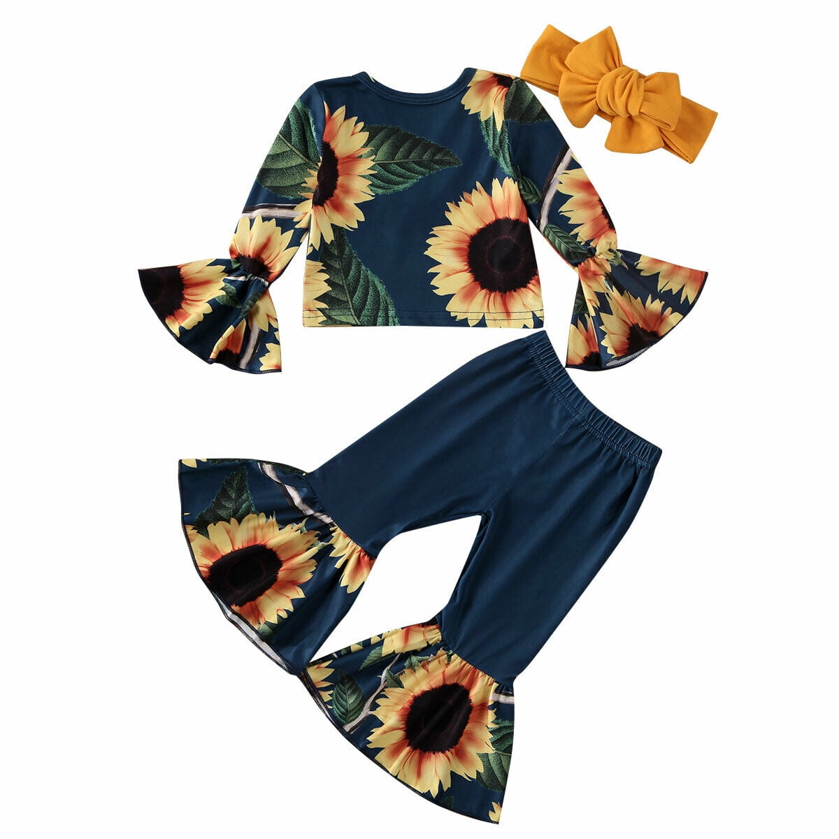 NWT Tie Dye Sunflower Girls Ruffle Sleeve Bell Bottoms Outfit Set 