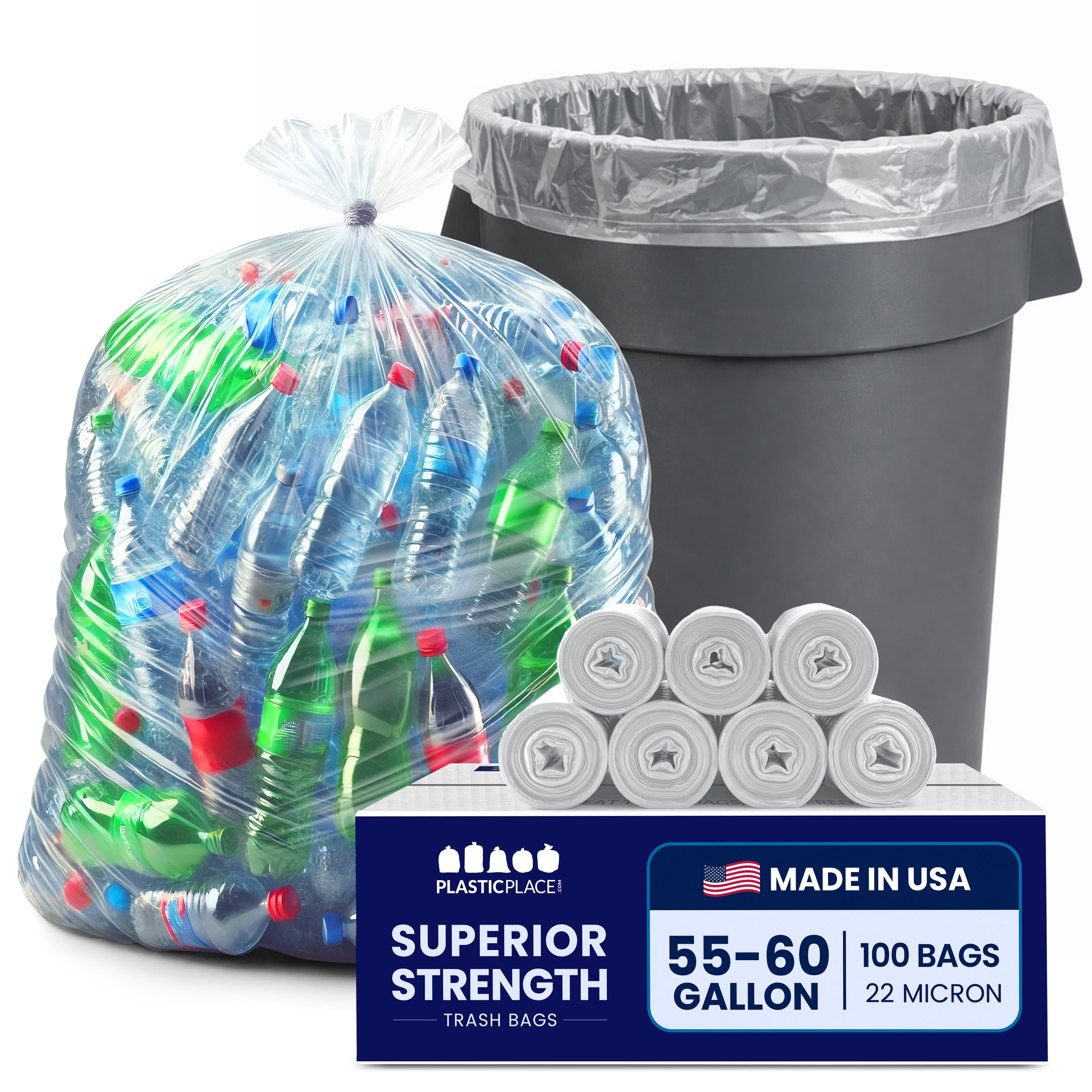 Plasticplace 55-60 Gallon Trash Bags, High-Density Garbage Bags, Clear Plastic Can Liners, 38” x 60”, Leak-Proof Heavy-Duty Trash Bag, Ideal for Home, Office, Kitchen & Commercial Use, 100 Count
