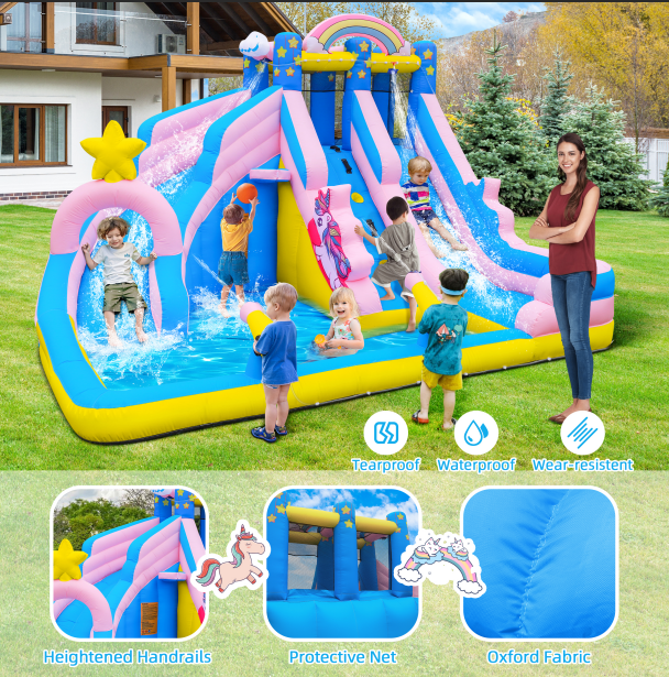 Inflatable Water Slide: 6 in 1 Bounce House Water Park for Kids - Climbing Wall Splash Pool 2 Water Cannon 2 Slide Basketball Rim - 550W Blower - for Outdoor Backyard Birthday Party