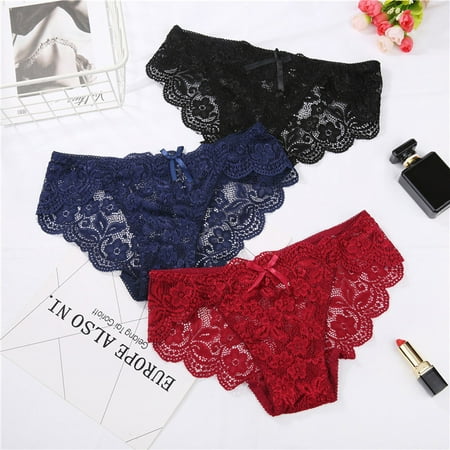 GENGING Womens Panties 3PC Women Bownot Lace Panties Roll Back Clearance Items Low-waist Trendy Briefs Thong G-String Lingerie