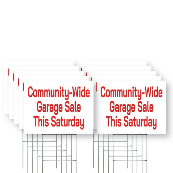 Community Wide Garage Sale This Saturday Yard Sign 10 Pack of 12 Inch x 16 Inch Single Sided Weatherproof Heavy-Duty Plastic with Stake | Local Events, Sales Promotion, Neighborhood