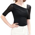 thumbnail image 2 of Juesizh Womens Plus Size T Shirts Sloping Shoulders Half Sleeve Shirts Tops Fashion Solid Color Spliced Mesh Western-style Casual Blouses, S-3XL, 2 of 6