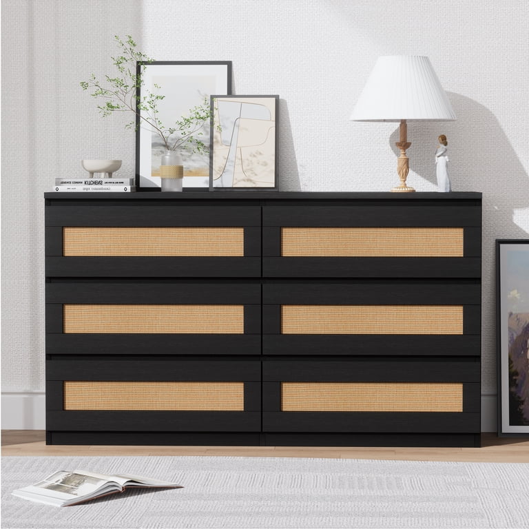 Garvee Rattan Dresser for Bedroom 6 Drawer, Double Dresser with Anti-Tip Kit, Wood Storage Wide Chest of Drawers for Bedroom, Living Room, Hallway, Black - Walmart.com Garvee Rattan Dresser for Bedroom 6 Drawer, Double Dresser with Anti-Tip Kit, Wood Storage Wide Chest of Drawers for Bedroom, Living Room, Hallway, Black - Walmart.com