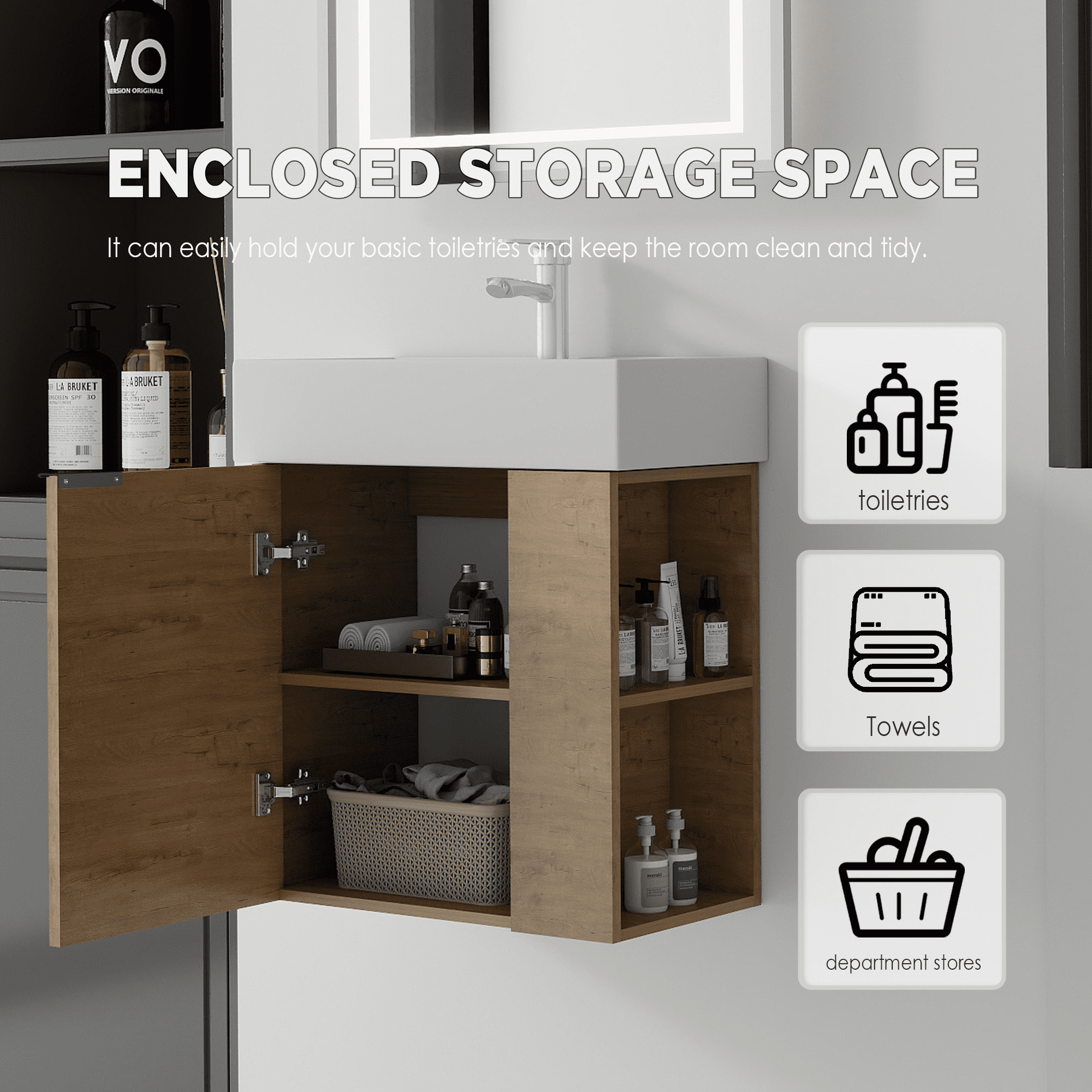 Leumius 21.6" Floating Bathroom Vanity with Ceramic Sink,Floating Bathroom Sink Cabinet for Small Space,Bathroom,Oak