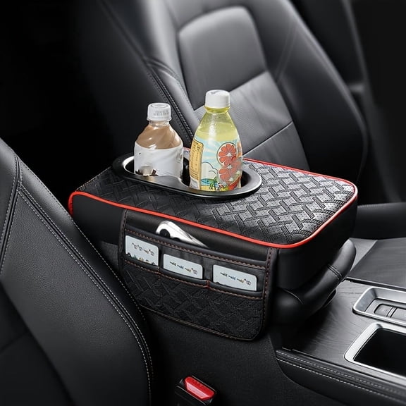 Black Red Line Car Center Console Pad with 2 Side Pockets and 2 Cup Holders, PU Leather Universal Car Armrest Box Protector Cover, Multifunctional Storage Organizer for Phones, Water Bottles and Card
