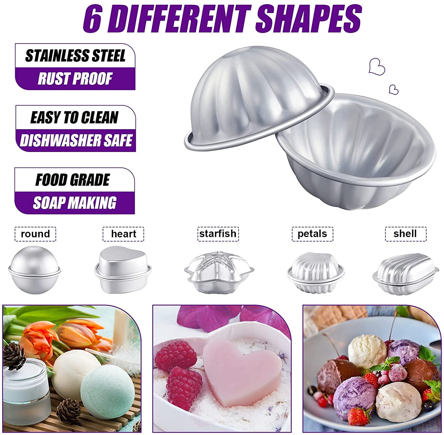 12 Pcs Bath Bomb Molds 6 Shapes Metal DIY Bath Bomb Making Crafts Crafting Press Mould for Handmade Soaps Candle Cake Ice Cream Baking Handicrafts Making Supplies
