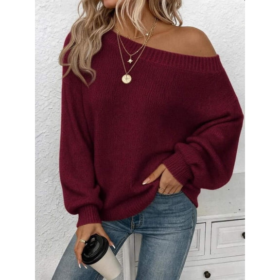 Women's Off Shoulder Sweater Long Sleeve Loose Knit Pullover Top