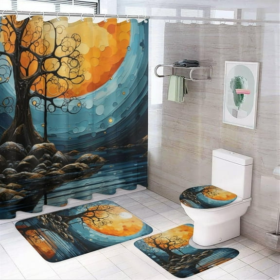 4 Pieces Gorgeous Forest Shower Curtain Set Classical Lake Nature Landscape Bathroom Decor Sets with Rugs Bathroom Accessories Set Bathroom Curtain Shower Set with 12 Hooks