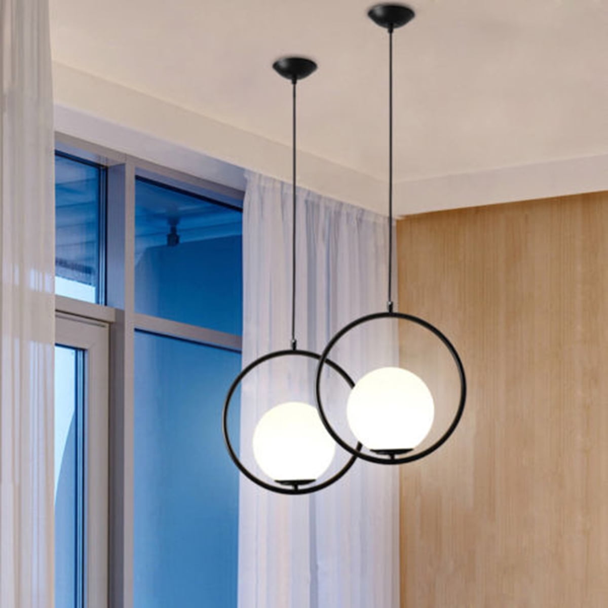 Modern Globe Ceiling Pendant Light Lamp Glass Shade Metal Ring