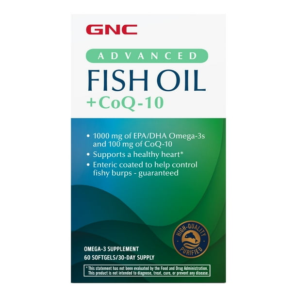 GNC OMEGA3 FISH OIL + COQ10, 60 Softgel Capsules, Extra Strength, 100mg coenzyme Q10, Supports