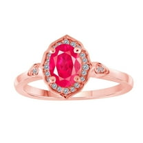 0.85 Carat Oval Shape Created Ruby And Diamond Ring In 10K Solid Rose, White & Yellow Gold