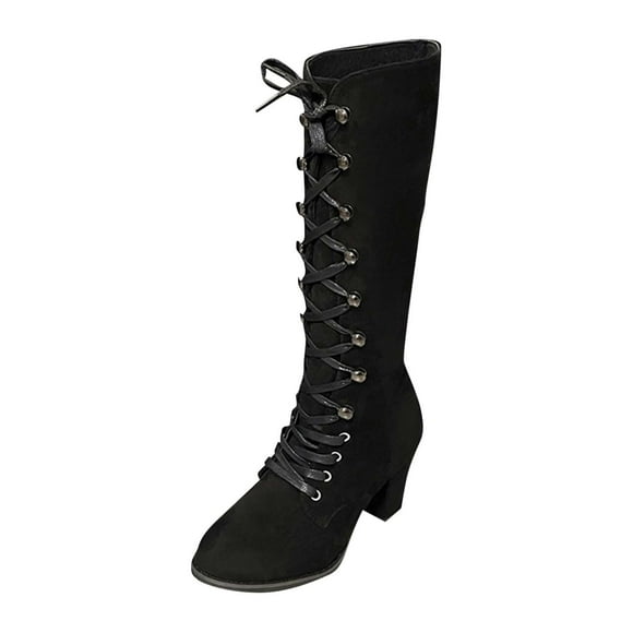 Wensltd Women's Lace Up Knee High Boots Wide Calf Comfortable Riding Shoes Round Toe Casual Winter Boots for Women