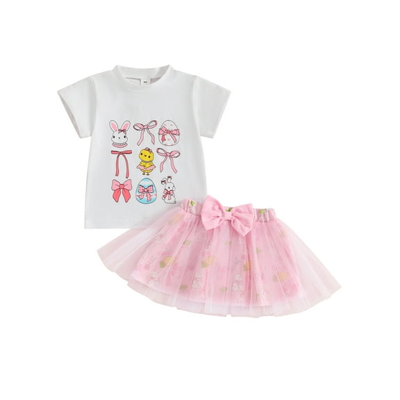 Toddler Baby Kids Girl Easter Outfit 6 12 18 24 Months 2T 3T 4T Bunny Print Short Sleeve Crew Neck Tops with Double Layered Tulle Bow Skirt 2 Pcs Clothing Set