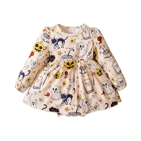 

nsendm Girls Vintage Dress Baby Long Halloween Infant Girls Toddler Sleeve Romper Skirt Kids Long Sleeve Shirt Beige 0-3 Months