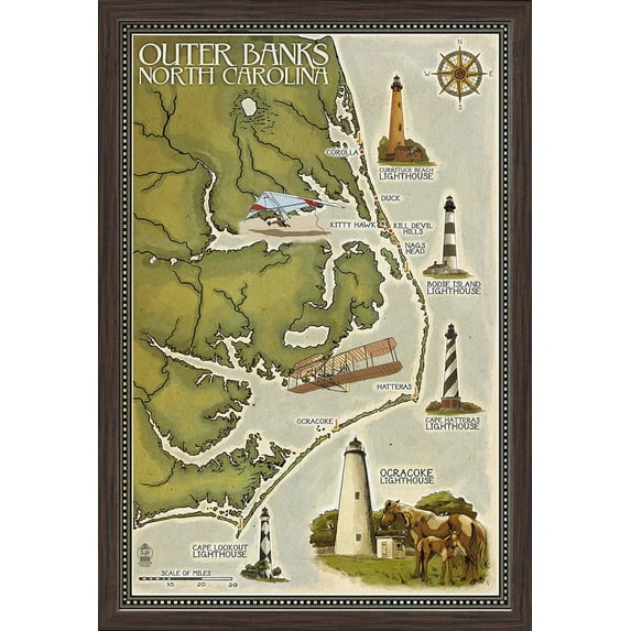 Outer Banks, North Carolina - Lighthouse & Town Map - Lantern Press Artwork (24x36 Giclee Art Print, Gallery Framed, Espresso Wood)