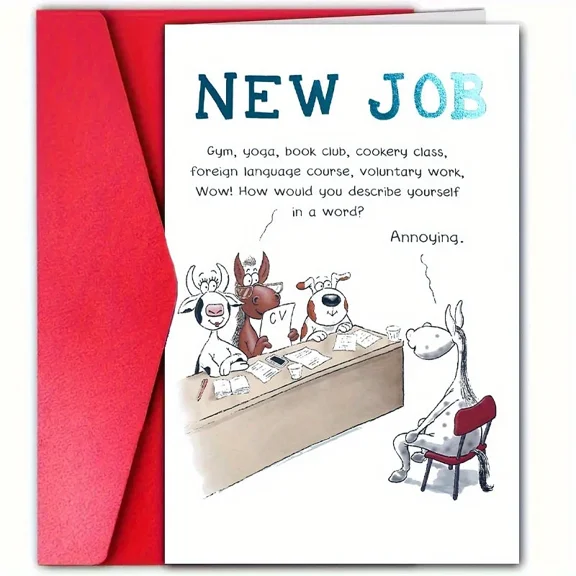 Humorous New Job Greeting Card – Funny Animal Illustration with Envelope – Perfect for Celebrating Career Changes and New Beginnings