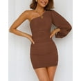 thumbnail image 3 of Women One Shoulder Ruched Bodycon Mini Dress Puff Long Sleeve 2023 Spring Summer Club Party Cocktail Short Dresses, 3 of 6
