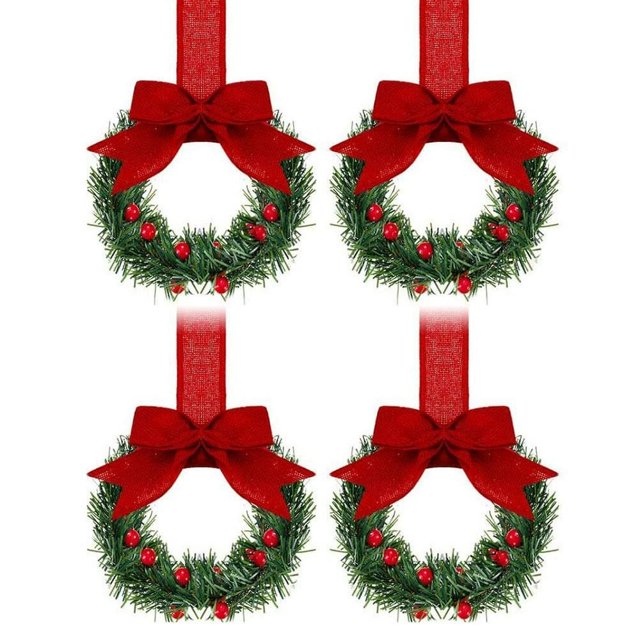 KEINXS Lot de 4 Couronnes de Noël pour Armoire avec Nœud en Ruban et Mini Couronnes en Pin aux Baies Rouges pour Armoires de Cuisine Petites Couronnes de Noël pour Portes Armoires de Cuisine Fenêtres Cheminées