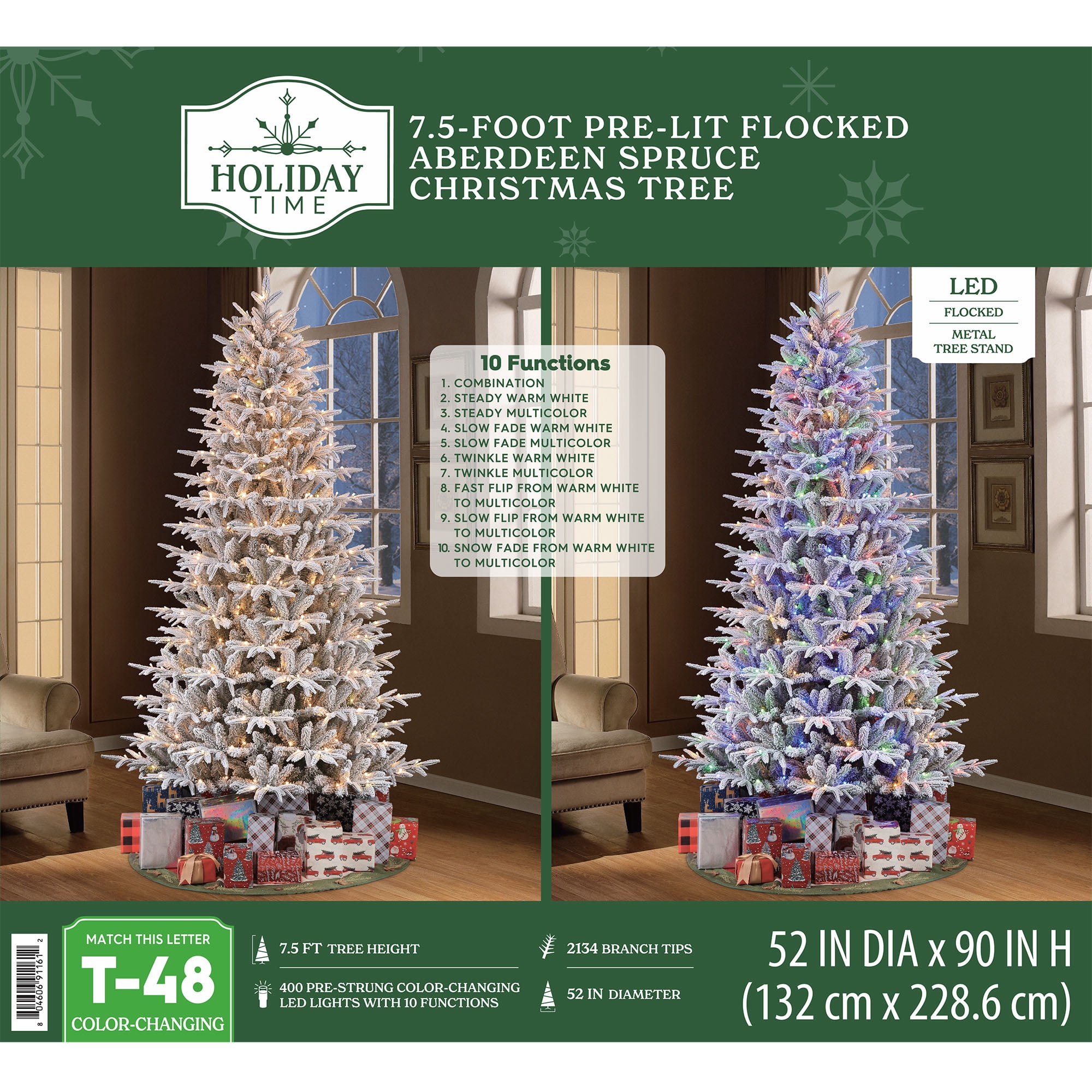 7.5ft Pre-Lit Flocked Aberdeen Spruce Christmas Tree by Holiday Time, 400 Color-Changing LED