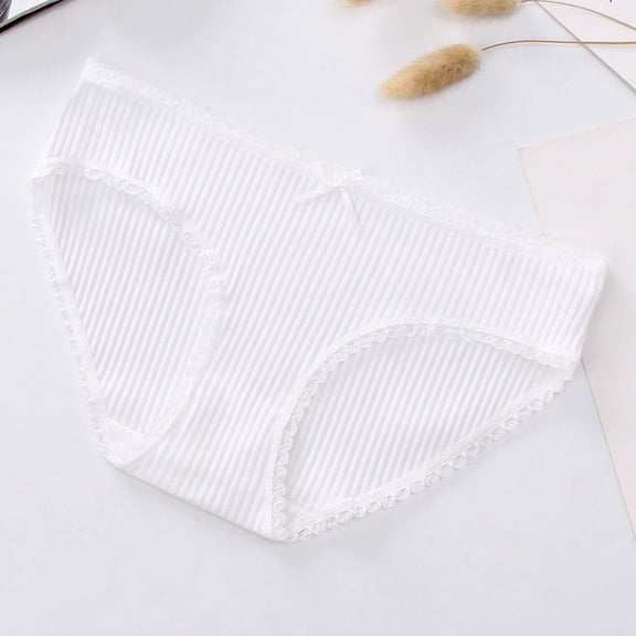 Womens Ribbed Seamless Briefs Lace Trim Bow Mid Rise Breathable Nylon Spandex Panties White Pink Beige Navy,Size Free Size