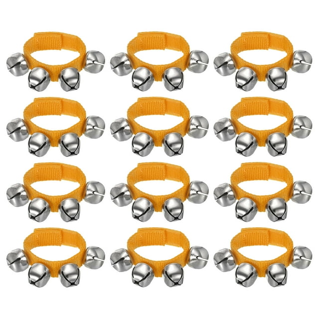 Unique Bargains 12 Pcs Cloches de Poignet, Cloches de Jingle Cloches de Cheville Instruments de Percussion Groupe de Rythme Musical 4 Cloches Argentées, Jaune Foncé