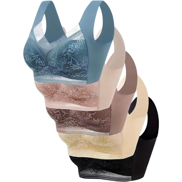 5 sujetadores tipo bralette sin aros con encaje floral, elegantes y cómodos, transpirables, de cobertura completa, con efecto push up. Lencería y ropa interior para mujer.