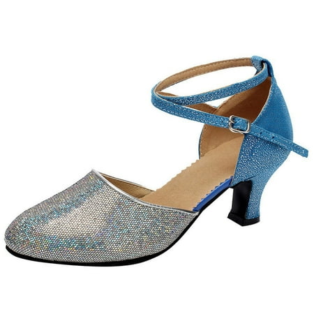 

nsendm Female Shoes Adult Heel Rope Tango Latin Dancing Shoes Sequins Shoes Social Dance Shoe Walking Heel Protectors Blue 7.5