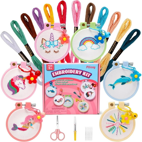 Pllieay 6PCS Embroidery Kit for Kids, Needlepoint Kits for Beginners with Pre-Printed Pattern, 6Pcs Hoop, Threads, Keychains and Instructions, Kids Cross Stitch Kits Supplies for Crafting