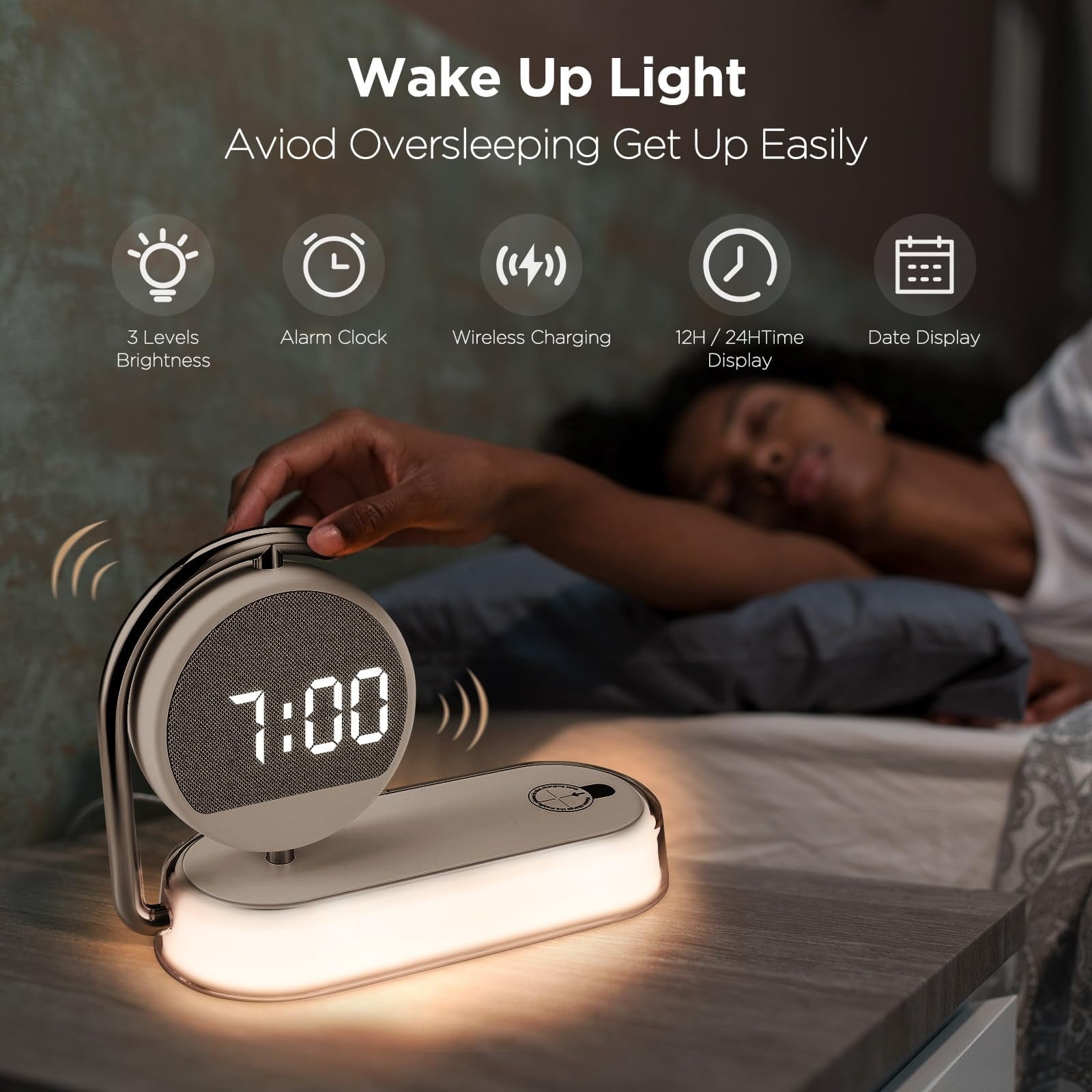 5-in-1 Smart Bedside Lamp – Wireless charger & digital clock, 15W fast charging for phones/headphones. Features 3-level night light, multi-protection alarm clock (White)