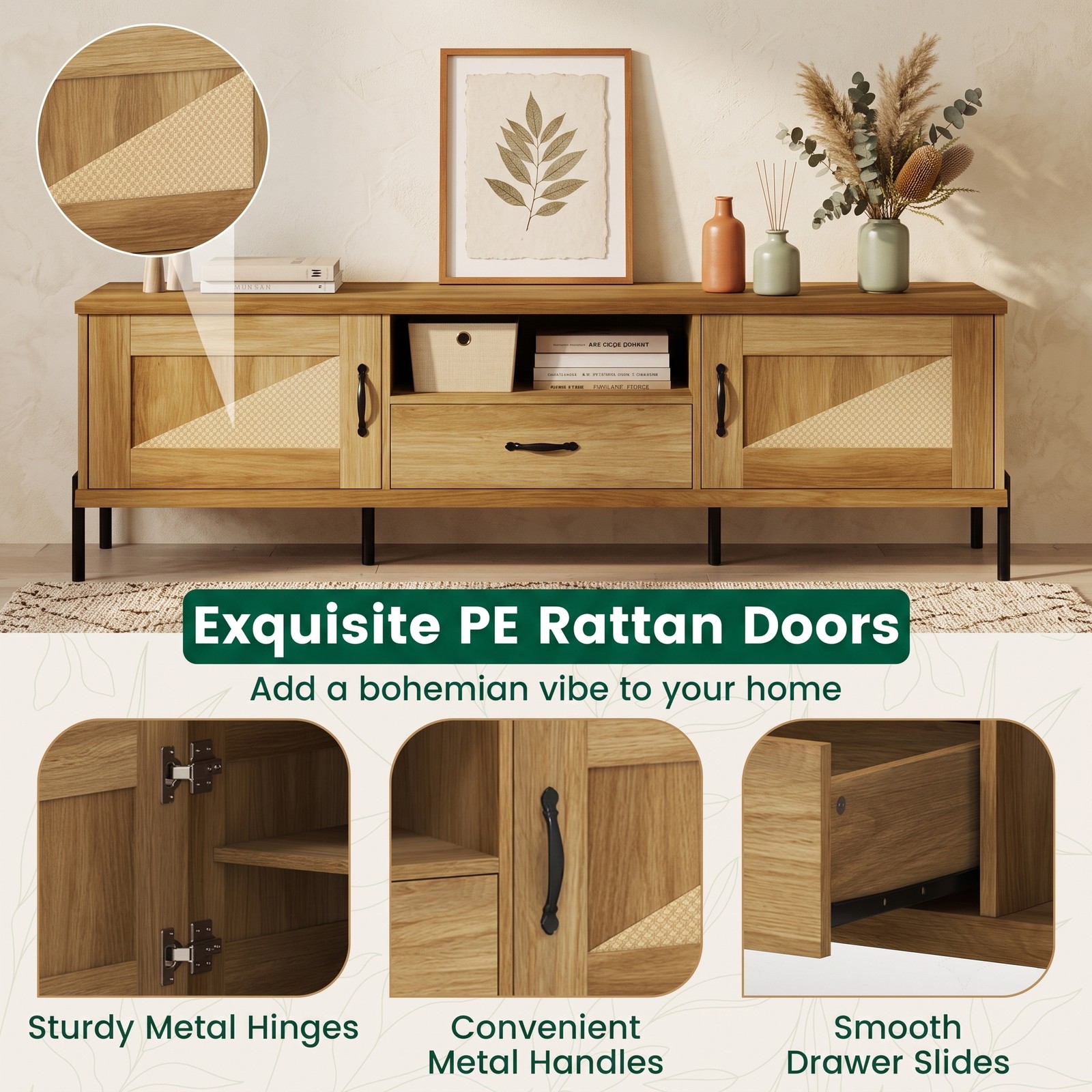Furnibear Rattan TV Stand for TVs up to 80 Inches, Mid Century Modern Media Console Table with 2 Storage Cabinets, Adjustable Shelves and Open Compartment for, Natural