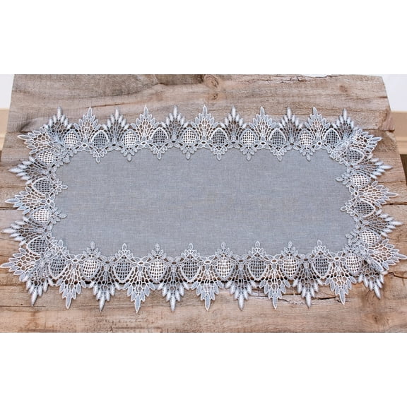 Lace Runner Earth Tone Silver Lace on Silver Fabric Table Runner (14"x28")