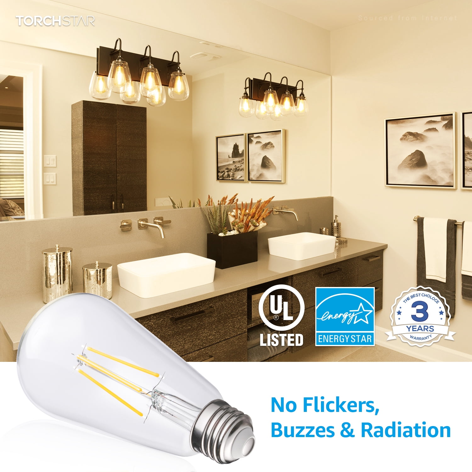 TORCHSTAR 12 Pack ST64/ST19 LED Bulb, Dimmable, 7W(75W Equivalent), Vintage Edison Filament Light Bulb, E26 Medium Base, Intdoor Decorative Light, 2700K Soft White