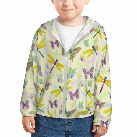 

Rash Guard for Boys Girls - Brightly Colored Dragonfly Butterfly Lightweight Long Sleeve Sun Protection Jacket Hooded Cooling Swim Shirt with Zipper for Toddler Kids Children