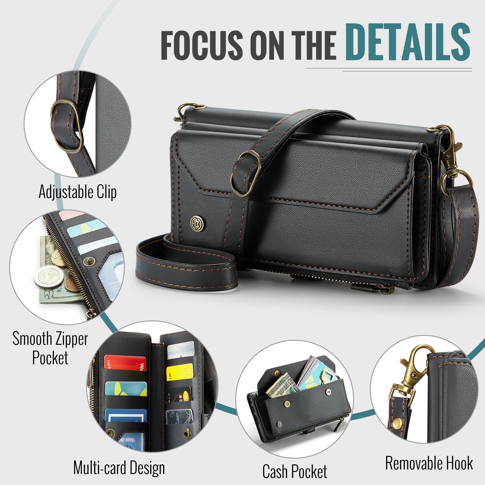 for Samsung Galaxy S22 Ultra Full Body Protection Wallet Folio Flip Case, Shoulder Strap & Wristlet Card Slots Zipper Pocket RFID Blocking Rugged Durable PU Leather Phone Case Cover, Black