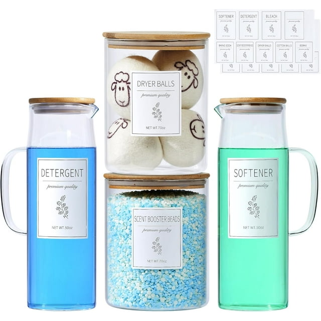 Glass Laundry Detergent Dispenser Set - 2x50oz & 2x70oz Borosilicate Containers with Bamboo Lids, Handle& Labels, Stores Powder,laundry pods,Fabric Softener, for Laundry Room organization and Decor